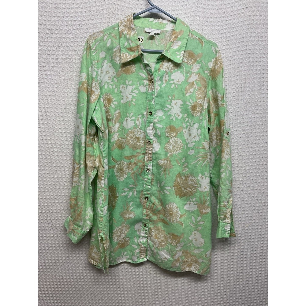 Charter Club Womens Green Floral Button Up Long Sleeve Linen Shirt 1X Casual‎